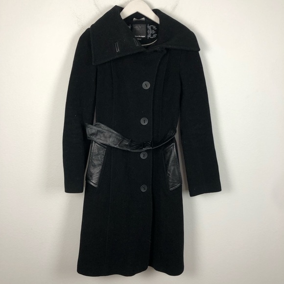 Mackage black wool long coat with leather belt and pockets Size XS - Picture 1 of 7